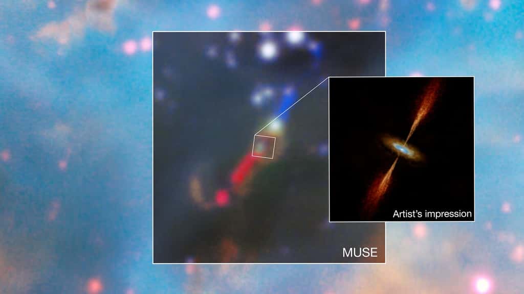 Cette mosaïque montre, en son centre, une image réelle du jeune système stellaire HH 1177, dans le Grand Nuage de Magellan, galaxie voisine de la Voie Lactée. L’image a été obtenue avec Muse et montre des jets lancés depuis l’étoile. Les chercheurs ont ensuite utilisé l’<em>Atacama Large Millimeter/submillimeter Array</em> (Alma) pour trouver des preuves de l’existence d’un disque entourant la jeune étoile. Une impression d'artiste du système, présentant à la fois les jets et le disque, est présentée sur le panneau de droite. © ESO/A. McLeod et <em>al.</em>/M. Kornmesser