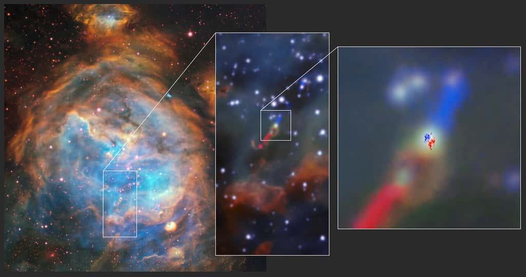 Grâce aux capacités combinées du <em>Very Large Telescope</em> (VLT) de l’ESO et du <em>Large Millimeter/submillimeter Array</em> (Alma) d’Atacama, un disque autour d’une jeune étoile massive dans une autre galaxie a été observé. Les observations de Muse, à gauche, montrent le nuage parent LHA 120-N 180B dans lequel ce système, baptisé HH 1177, a été observé pour la première fois. L'image au centre montre les jets qui l'accompagnent. La partie supérieure du jet est légèrement dirigée vers nous et donc décalée vers le bleu ; celui du bas s'éloigne de nous et est donc décalé vers le rouge. Les observations d'Alma, à droite, ont ensuite révélé le disque en rotation autour de l'étoile, de la même manière avec des côtés se rapprochant et s'éloignant de nous. © ESO/Alma (ESO/NAOJ/NRAO)/A. McLeod et <em>al.</em>