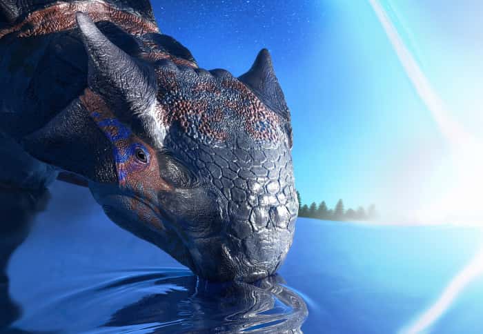 Une vue d'artiste d'un <em>Ankylosaurus magniventris</em>. Le dinosaure est sur le point de mourir en subissant l'impact de l'astéroïde que l'on voit en arrière-plan. © Fabio Manucci