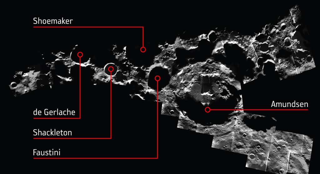 Quelques cratères du pôle Sud lunaire à l'intérieur desquels un observatoire pourrait être construit. © ESA/SMART-1/AMIE camera team; M. Ellouzi/B. Foing, CC by-sa 3.0 IGO