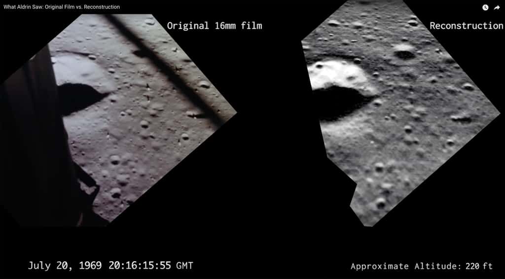 Reconstitution de la descente du module lunaire Eagle d'Apollo 11 avec des images de la sonde LRO, mais acquises 50 ans plus tard dans les mêmes conditions. © Nasa