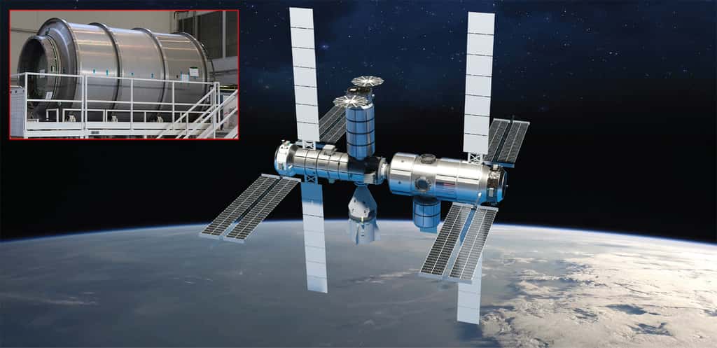 Le projet de station spatiale de Northrop Grumman utilisera des modules pressurisés dérivés du cargo Cygnus qui sont actuellement fabriqués par Thales Alenia Space. Dans l'encadré, en haut à gauche, le 18<sup>e</sup> Cygnus en cours de fabrication dans l'usine turinoise de Thales Alenia Space. © Northrop Grumman