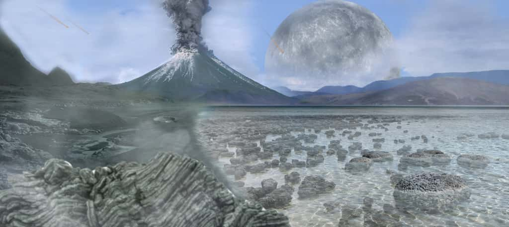 Une vue d'artiste de la Terre pendant l'Archéen, la Lune est en cours d'éloignement de la Terre et dans l'eau, on voit des stromatolites construits par des micro-organismes photosynthétiques. © Tim Bertelink, cc by sa 4.0