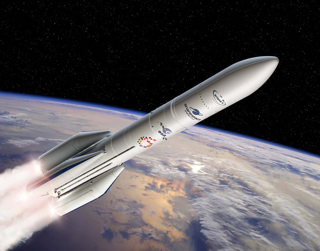 Ariane 6 existera en deux versions qui se différencieront notamment par le nombre de boosters. Deux pour la version 62, et quatre pour la version 64 (à l'image) qui pourra lancer deux satellites, comme Ariane 5. © ESA, D. Ducros