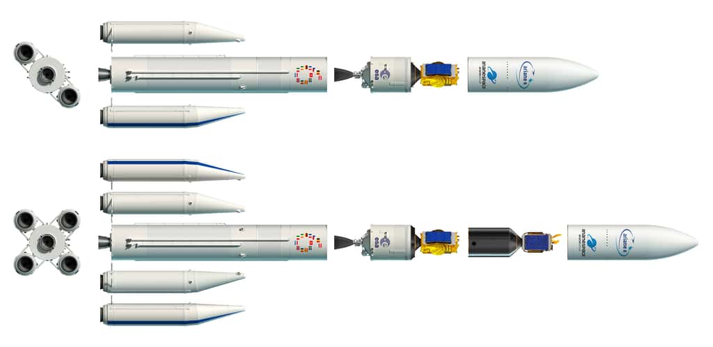 Ariane 62 et Ariane 64, les deux versions d'Ariane 6. La première est équipée de deux boosters avec la capacité d’emporter 4,5 tonnes de charge utile sur une orbite de transfert géostationnaire (GTO), et 7 tonnes en orbite héliosynchrone (SSO). La seconde a quatre boosters avec une capacité jusqu'à près de 13 tonnes en orbite GTO. © ESA, D. Ducros