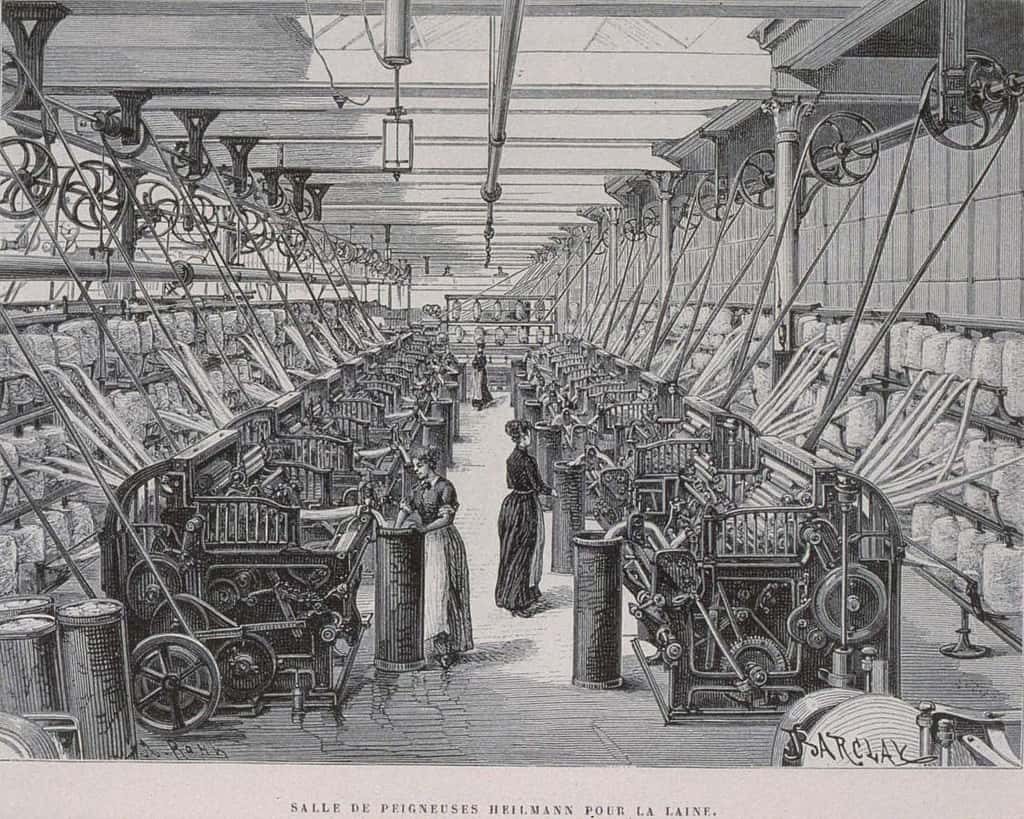 Salle de peigneuses Heilmann pour la laine, de Barclay, Armand Kohl 1889 - © WIKIMÉDIA COMMONS, DOMAINE PUBLIC