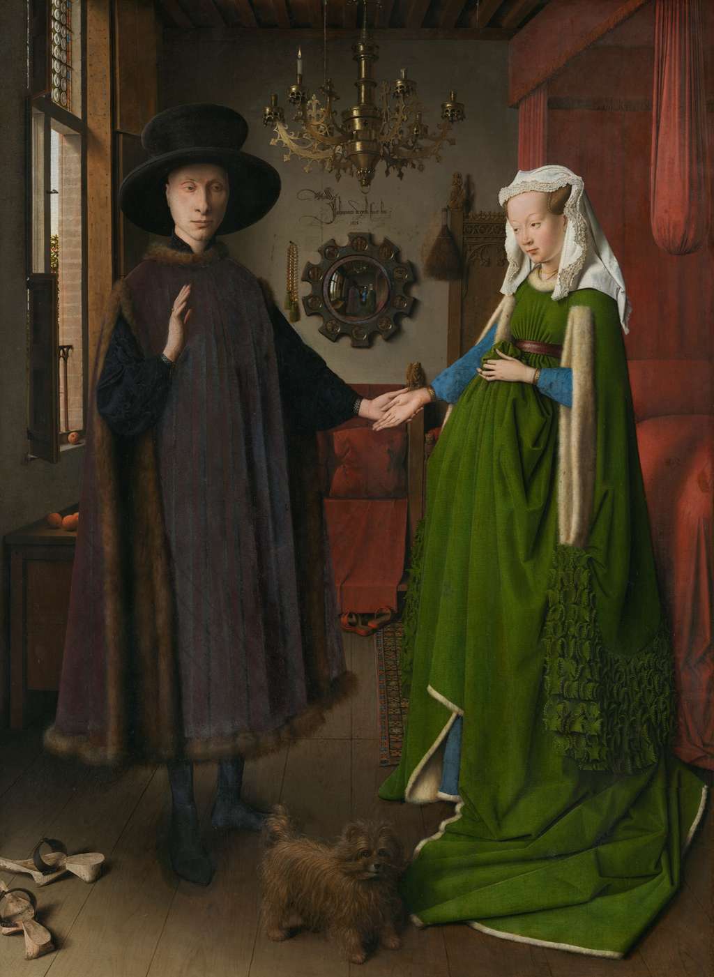 Jan van Eyck, <em>Portrait des époux Arnolfini </em>(1434). Huile sur panneau de chêne, 82,2 × 60 cm (32,4 × 23,6 in). Galerie nationale, Londres