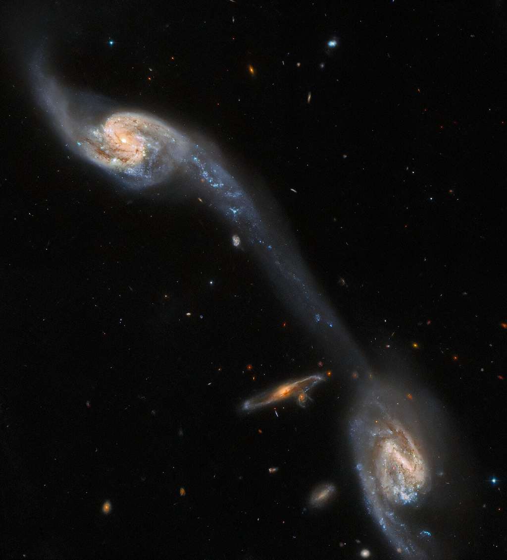 Cette image du télescope spatial Hubble montre deux des galaxies du triplet galactique Arp 248 – également connu sous le nom de triplet de Wild – qui se trouve à environ 200 millions d'années-lumière de la Terre dans la constellation de la Vierge. Les deux grandes galaxies spirales visibles sur cette image – qui flanquent une galaxie spirale d’arrière-plan plus petite et sans rapport – semblent être reliées par un pont lumineux. Ce flux allongé d’étoiles et de poussière interstellaire est connu sous le nom de queue de marée et il a été formé par l’attraction gravitationnelle mutuelle des deux galaxies du premier plan. Cette observation vient du catalogue des galaxies et associations particulières du sud, compilé par les astronomes Halton Arp et Barry Madore, et de  l’Atlas des galaxies particulières, compilé par Halton Arp. © ESA/Hubble & Nasa, Dark Energy Survey/DOE/FNAL/DECam/CTIO/NOIRLab/NSF/AURA, J. Dalcanto