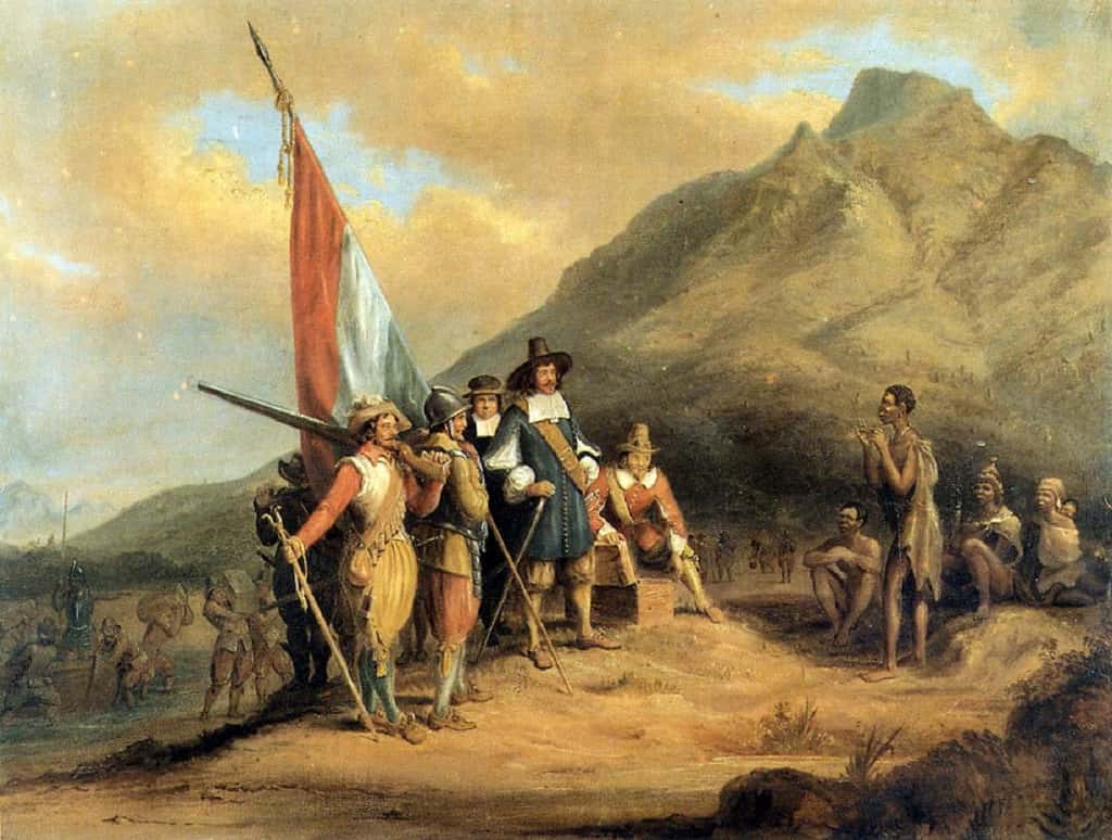 Arrivée de Jan Van Riebeeck au Cap, en 1652 ; par Charles Davidson Bell, XIXe siècle. © Wikimedia Commons, domaine public.