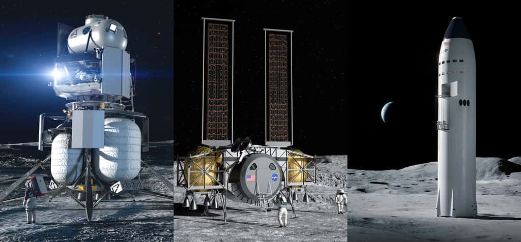Concepts d'attendrisseurs lunaires à l'étude pour le compte de la Nasa dans le cadre du premier appel d'offres. De gauche à droite, les projets de Blue Origin, de Dynetics (associé à Thales Alenia Space) qui n'ont pas été retenus. La Nasa leur préférant celui de SpaceX (à droite), dont la proposition était la moins chère et aussi la plus audacieuse. © Blue Origin, Dynetics, SpaceX, Nasa