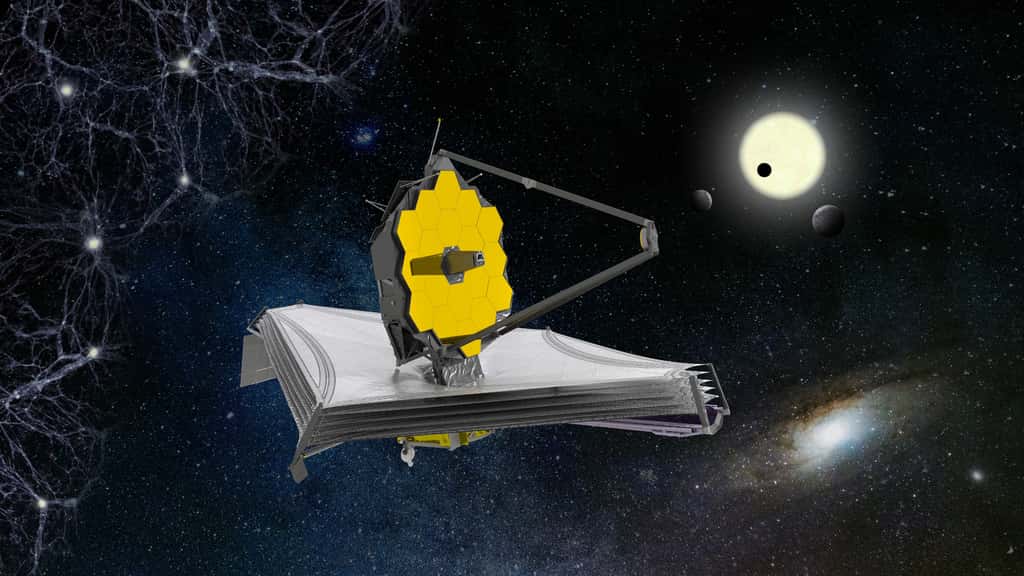Illustration du télescope spatial Webb devant différents types d'objets cosmiques qu'il observera.&nbsp;© ESA, ATG medialab