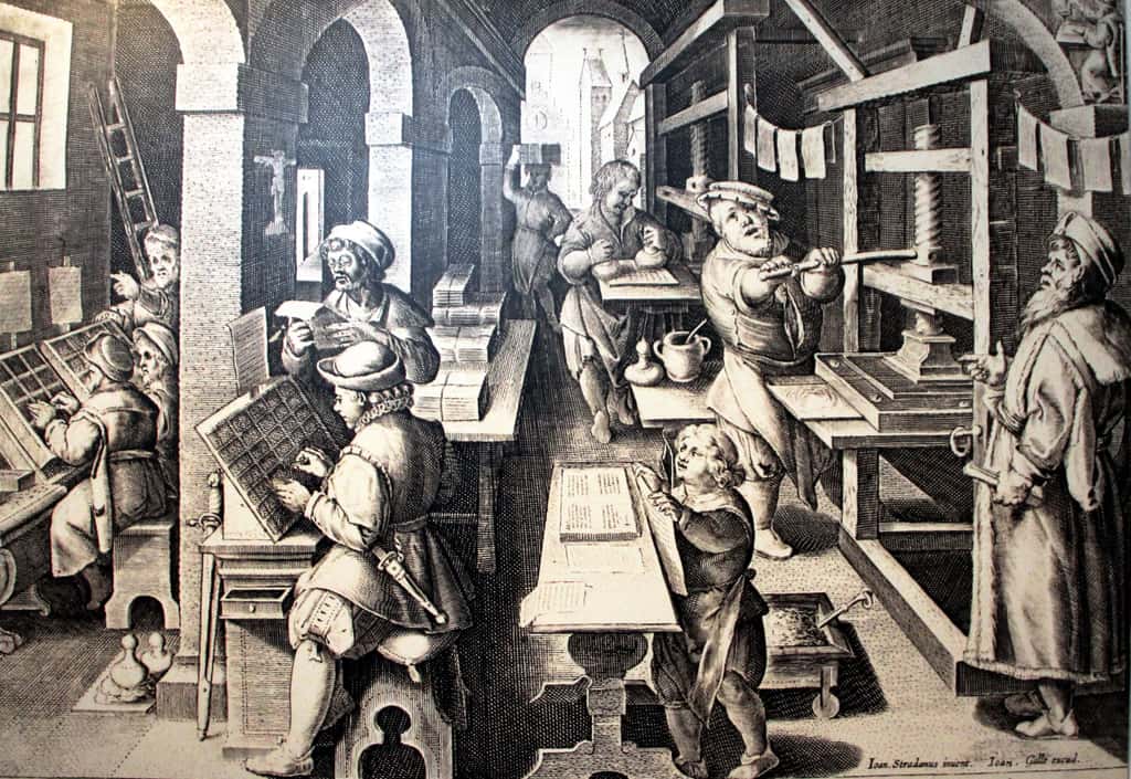 Gravure « <em>Atelier d'impression de livres</em> » par Jan Van der Straet, XVI<sup>e</sup> siècle. Musée Plantin-Moretus, Anvers, Belgique. © Wikimedia Commons, domaine public