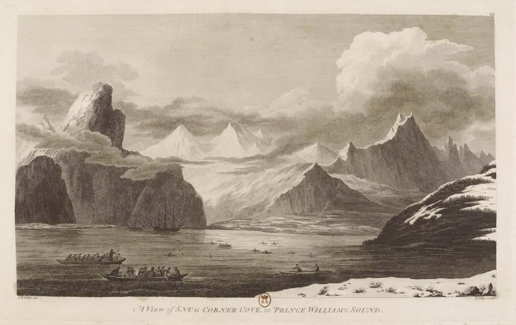 Baie du Prince William en Alaska, dans « <em>L'Atlas du troisième voyage de James Cook</em> », de John Webber, Londres, 1784. © Gallica, Bibliothèque nationale de France