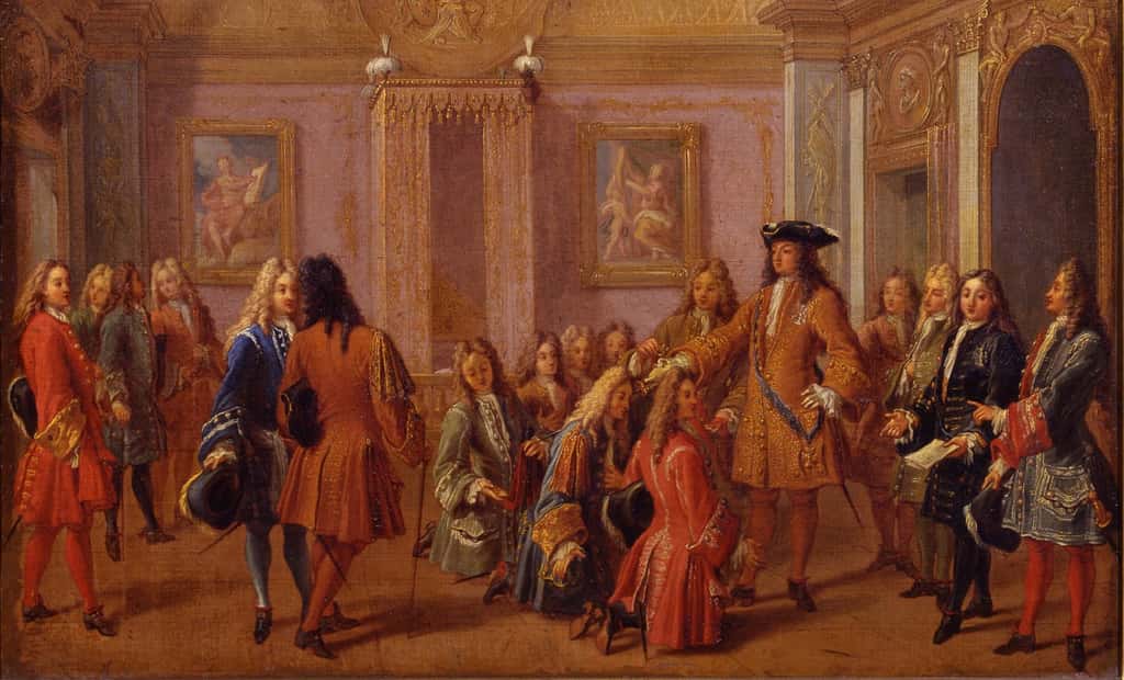 Institution de l'ordre militaire de Saint-Louis par Louis XIV en 1693, audience dans la chambre du roi, par François Marot en 1710. Château de Versailles. © Wikimedia Commons, domaine public 