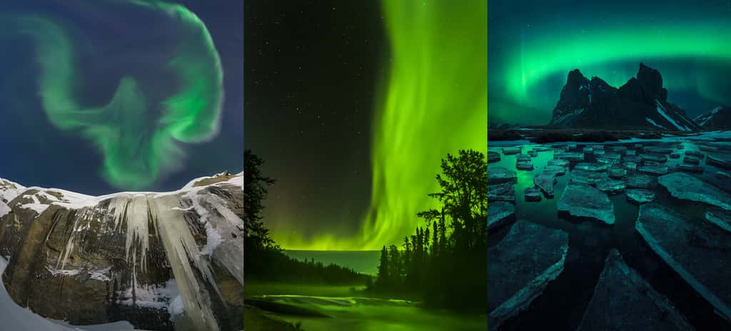 Dans la catégorie « Aurores », les trois photos primées ont été, de gauche à droite, celles de Alexander Stepanenko (Murmansk, en Russie), de Fred Bailey (Yellowknife, Canada) et de Filip Hrebenda (Hvalnes, Islande).
