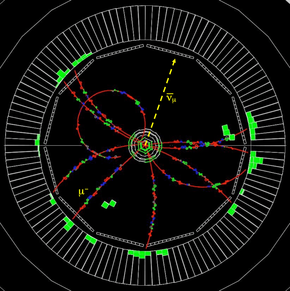 Une vue d'une désintégration d'un méson B observée dans le détecteur Babar. L'image est construite avec un ordinateur à partir des données collectées par le détecteur. On peut voir les trajectoires de deux produits de désintégration, un neutrino muonique ν<sub>μ</sub> et un muon μ. © <em>SLAC National Accelerator Laboratory</em>