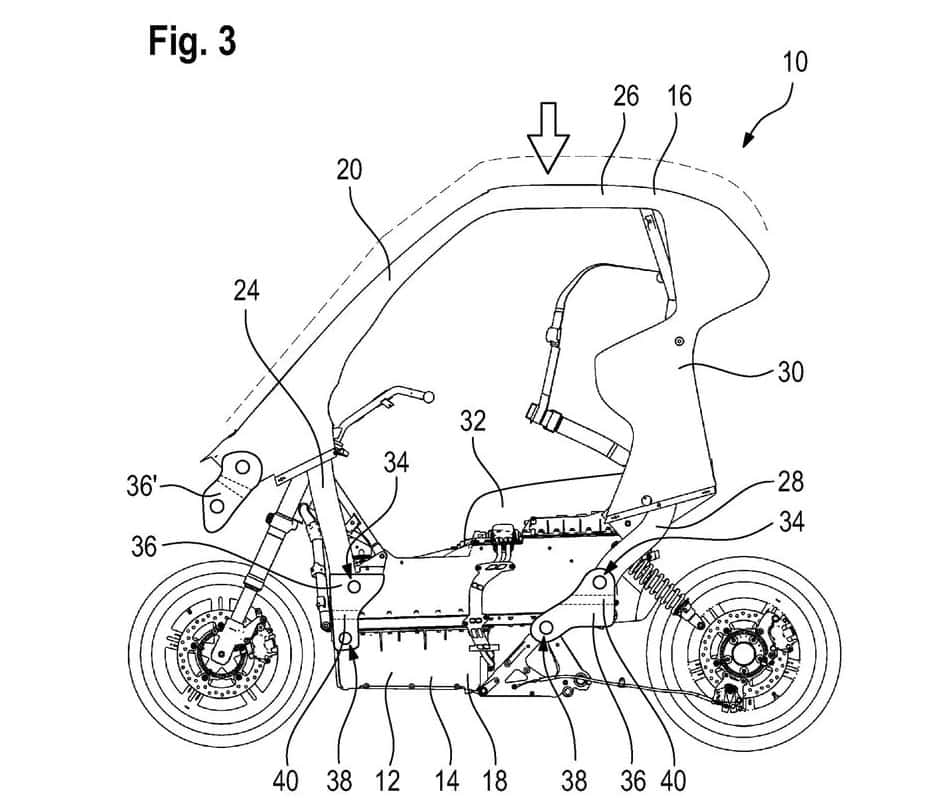L’un des schémas issus des brevets déposés par BMW décrivant un scooter électrique avec toit amovible. © BMW/EPO