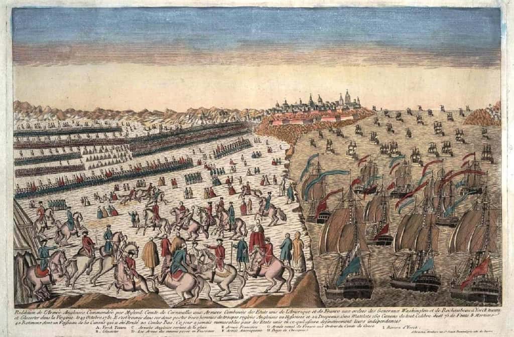 Bataille de Yorktown en octobre 1781, reddition de l’armée anglaise commandée par Cornwallis. Gravure d’époque, auteur inconnu. © Wikimedia Commons, domaine public