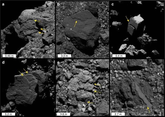 Exfoliation sur une falaise (a) et sur des rochers (b – f) de taille et d'emplacement variables. Le dôme brillant à l'horizon de (a) est un rocher derrière la falaise. © Molaro et al. (2020)