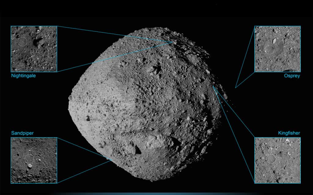 Les quatre sites présélectionnés pour le prélèvement d'échantillons sur l'astéroïde Bennu. Le site finalement retenu est <em>Nightingale</em>. © Nasa, Goddard, University of Arizona