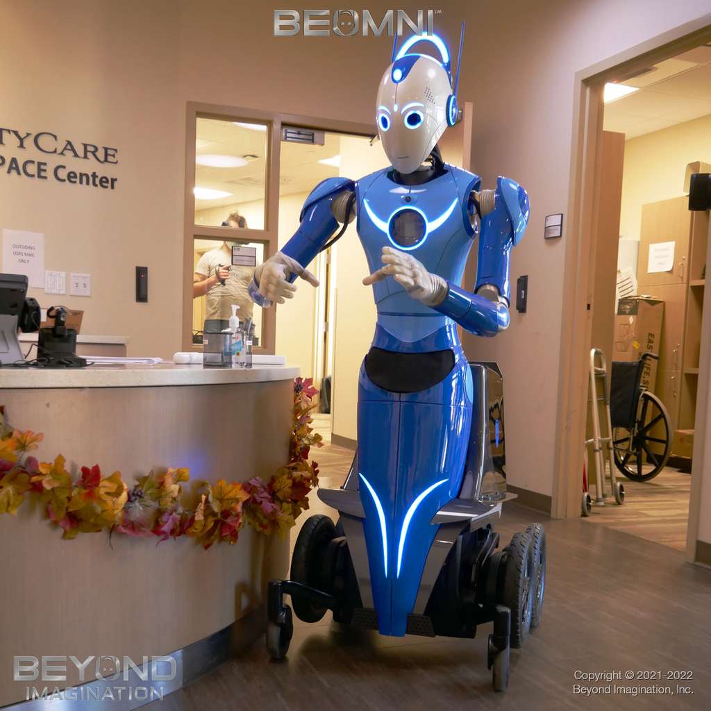 Beomni a un aspect androïde de science fiction. Seul revers : il se déplace sur des roulettes et non sur des jambes. @ Beyond Imagination