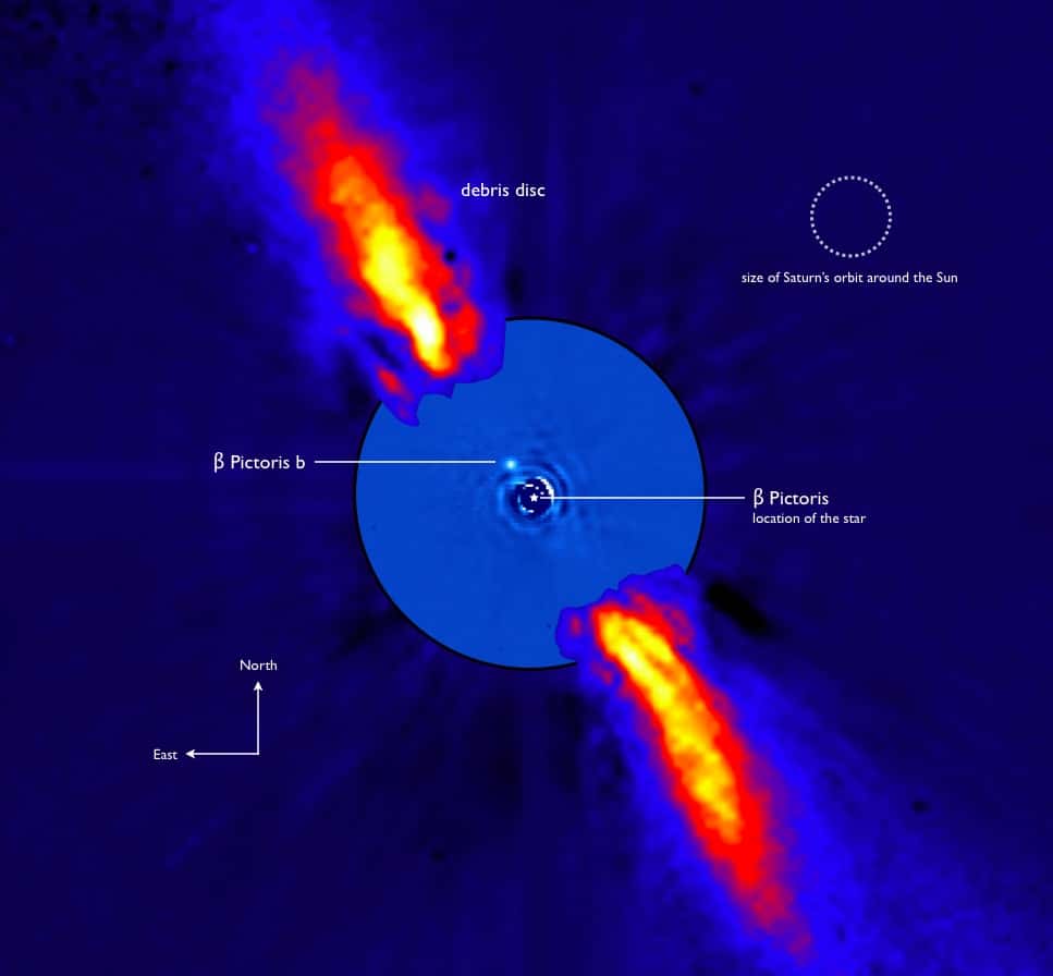 On voit sur cette photo composite, prise dans l'infrarouge proche, le système de Bêta Pictoris. Le disque de débris est bien visible ainsi que l'exoplanète Bêta Pictoris b. En haut à droite, se trouve la comparaison avec la taille de l'orbite de Saturne. © ESO/A-M. Lagrange <em>et al</em>.  
