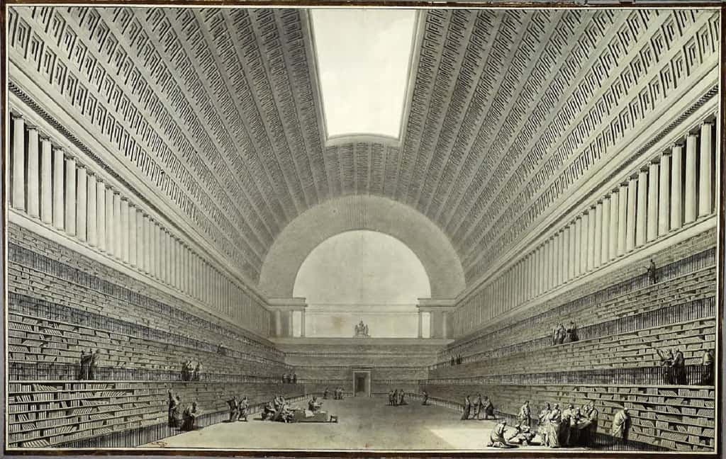 Projet de bibliothèque royale pour Louis XVI, par Étienne-Louis Boullée en 1785. Bibliothèque nationale de France. © Gallica, BnF, domaine public