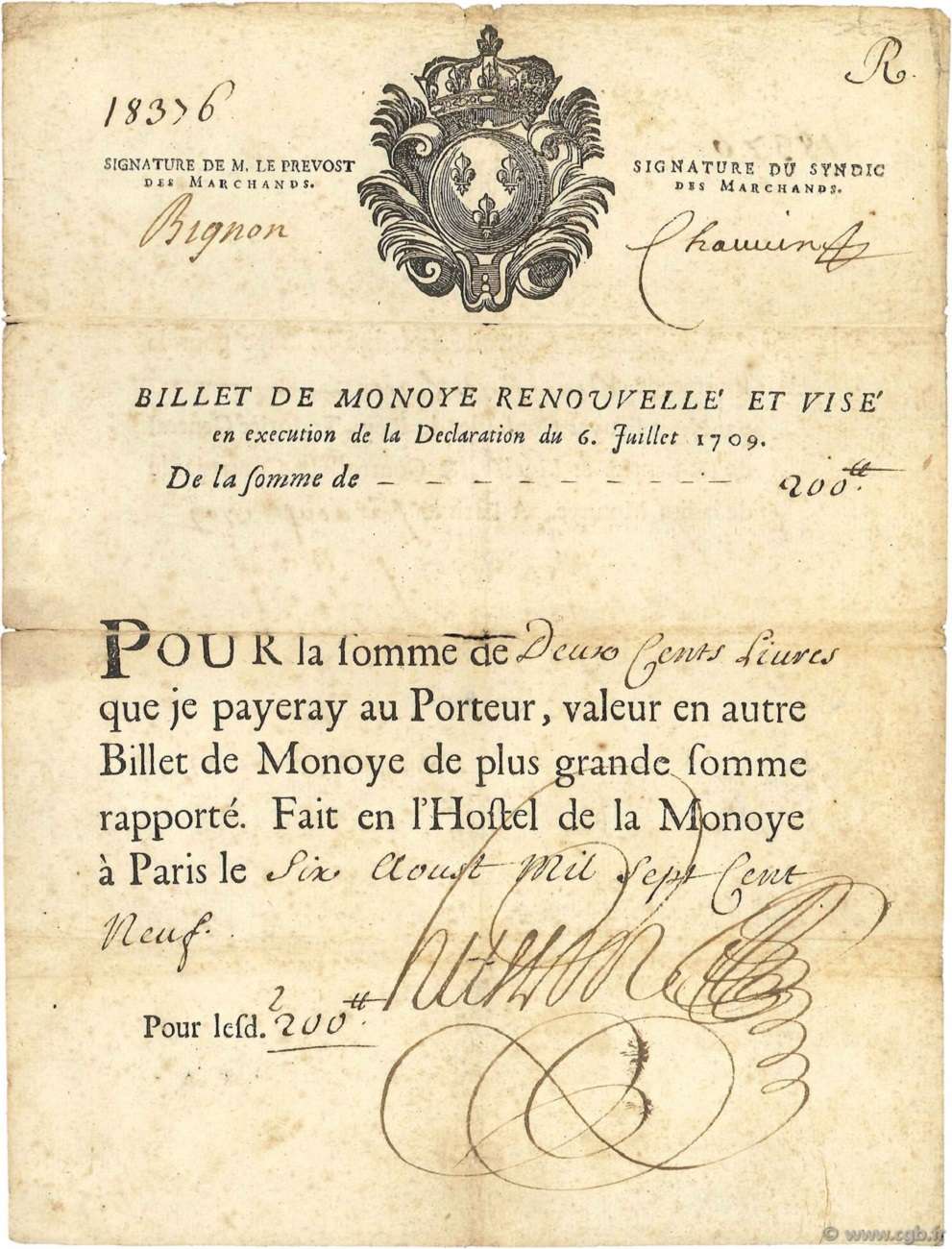 Exemple de billet de monnaie de 200 livres, émis le 6 août 1709, à l'hôtel de la Monnaie de Paris. Numismatique Paris. © cgb.fr