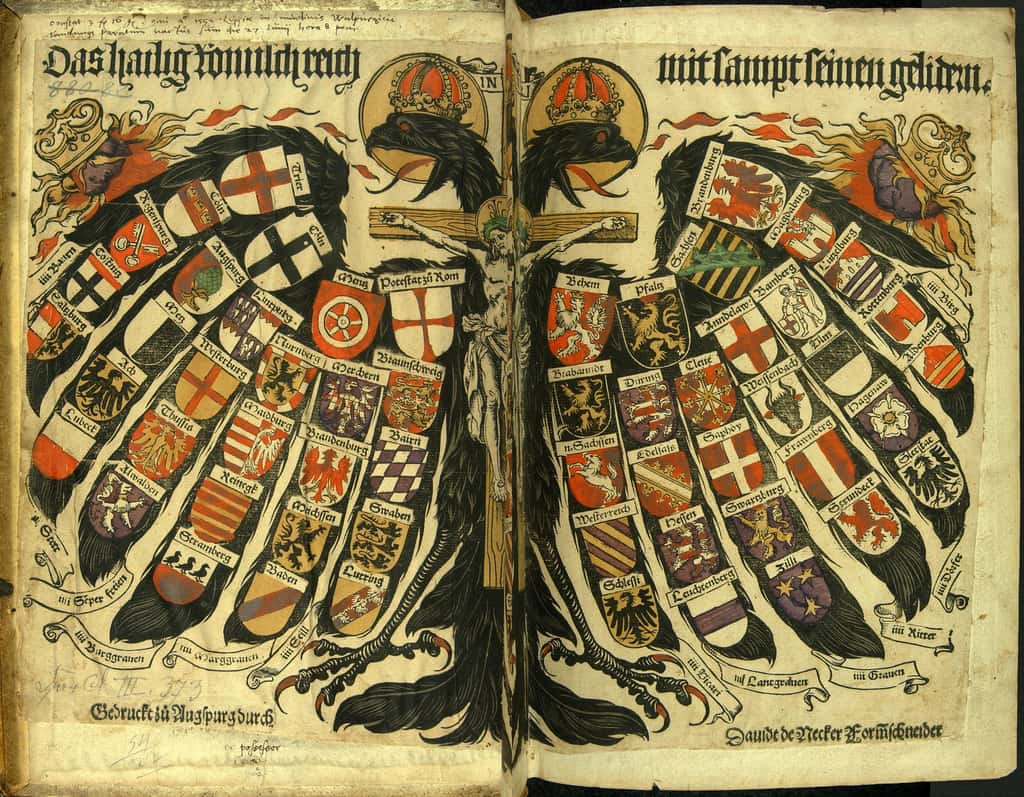 Tableau représentant les entités territoriales constituant le Saint Empire romain germanique, sous les ailes de l'aigle bicéphale impérial, publié par David de Necker à Augsbourg en 1510. © Wikimedia Commons, domaine public