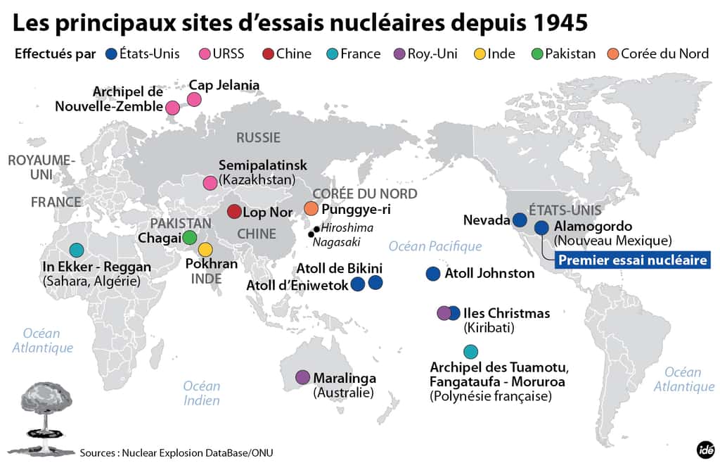 Depuis 1945, plus de 2.000 essais de bombes nucléaires, à fission ou à hydrogène, ont été effectués dans le monde. © Idé