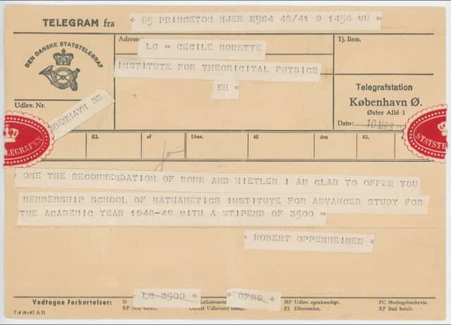 Le télégramme de Robert Oppenheimer invitant Cécile DeWitt-Morette à l'IAS. © Avec la permission de la famille DeWitt