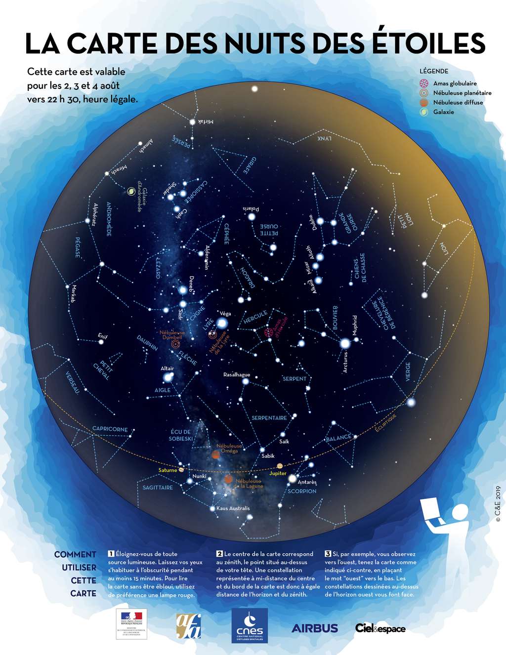 La carte du ciel de la Nuit des Étoiles pour vous guider dans le ciel d'été et identifier les constellations. © AFA