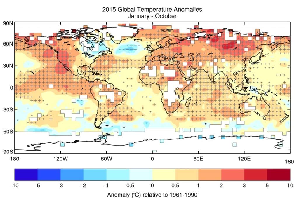 Anomalies de la température moyenne de la période janvier-octobre 2015, d’après le jeu de données HadCRUT.4.4.0.0. Les croix (+) désignent des températures supérieures au 90<sup>e</sup> percentile, c’est-à-dire anormalement élevées, et les tirets (-) des températures inférieures au 10<sup>e</sup> percentile, c’est-à-dire anormalement basses. Les grandes croix et les grands tirets correspondent à des températures situées en dehors de la fourchette comprise entre le 2<sup>e</sup> et le 98<sup>e</sup> percentile. © <em>Met Office Hadley Centre</em>