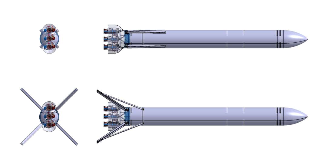 Le concept de démonstrateur de lanceur réutilisable Callisto, en version trimoteur. Cet étage réutilisable préfigure Themis, un programme qui sera aussi un démonstrateur d'étage réutilisable, mais beaucoup plus proche d'un étage opérationnel que l'est Callisto. © Cnes