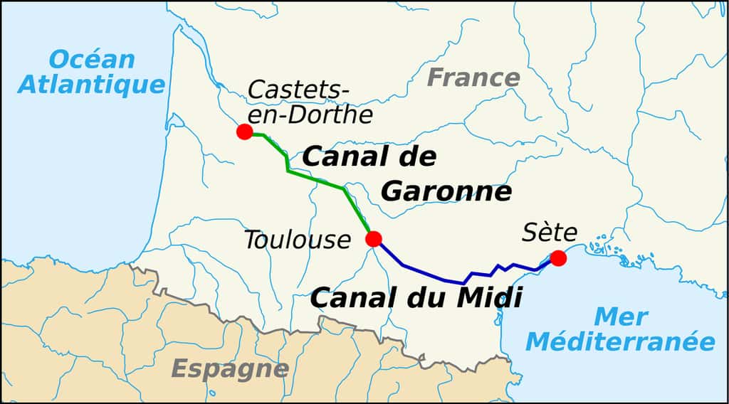 Carte : canal du Midi + canal de Garonne = canal des Deux Mers ; auteur Pinpin, 2007. © Wikimedia Commons, domaine public.