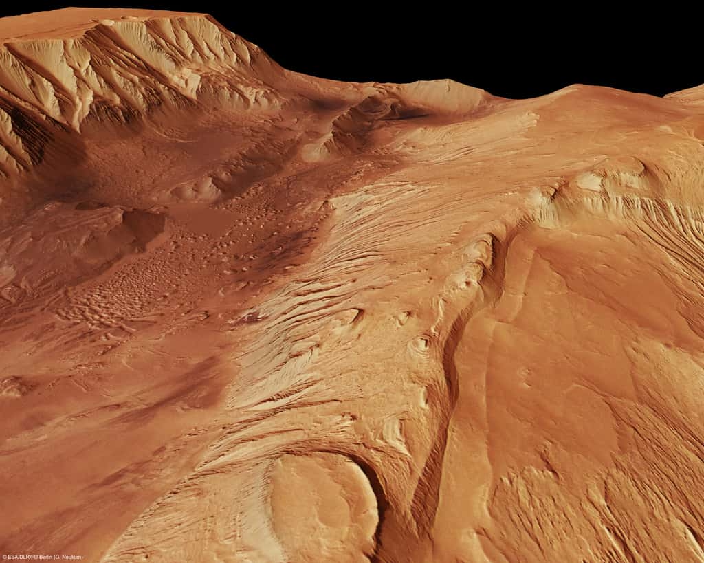 Mars Express a pris des clichés de <em>Candor Chasma</em>, une vallée dans la partie nord de <em>Valles Marineris</em>, alors qu'elle était en orbite au-dessus de la région le 6 juillet 2006. La caméra stéréo haute résolution de l'orbiteur a obtenu les données sur l'orbite numéro 3195, avec une résolution au sol d'environ 20 m/pixel. <em>Candor Chasma</em> se situe à environ 6° au sud et 290° à l'est. © ESA/DLR/FU Berlin (G. Neukum), CC by-sa 3.0 IGO