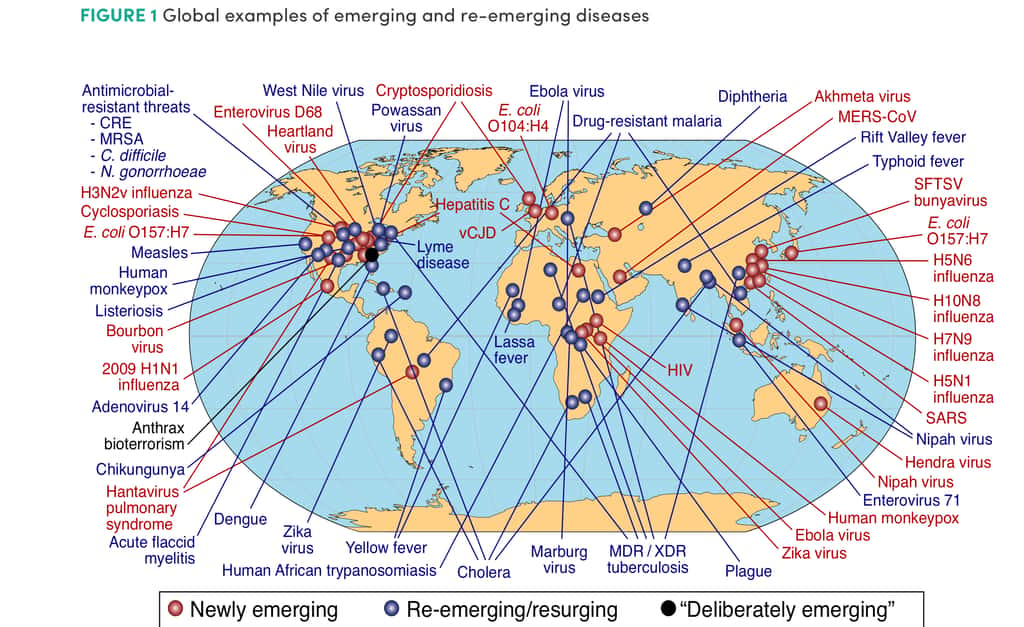 Carte des pathogènes découverts ou ayant émergé à nouveau au cours de 50 dernières années. © <em>United States National Institutes of Health</em>, <em>National Institute for Allergies and Infectious Diseases</em>