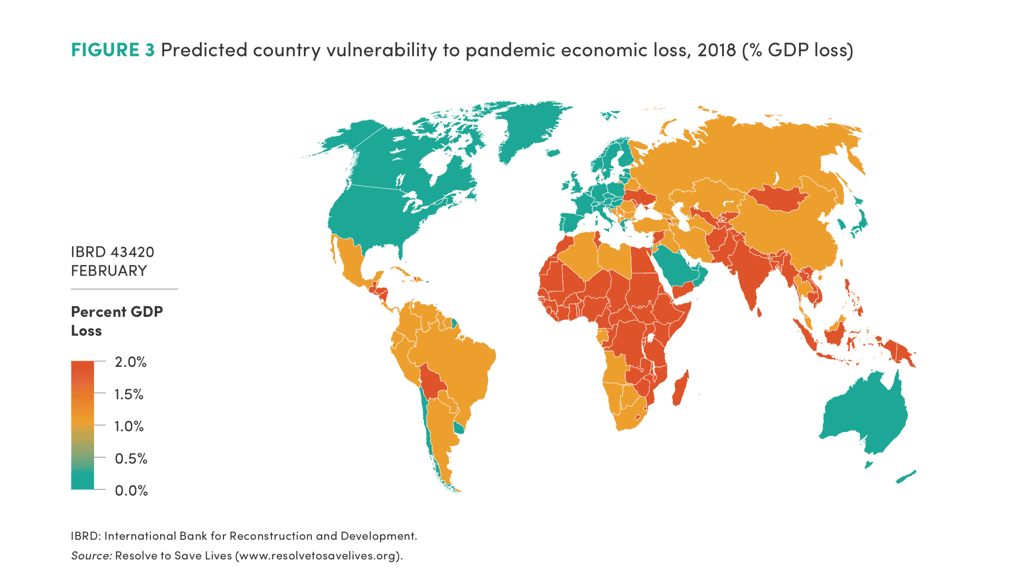 Sur le plan économique, les plus impactés seront les pays pauvres comme le montre cette carte prédictive. © <em>International Bank for Reconstruction and Development, Resolve to Save Lives</em>