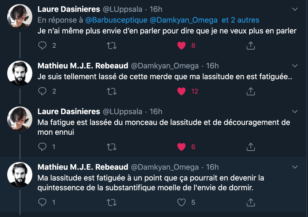 Laure Dasinieres, journaliste indépendante et Mathieu Rebeaud, doctorant en biochimie des protéines, s'adonnant à un concours de « <em>punchlines »</em> sur Twitter, pour témoigner de leur lassitude. 