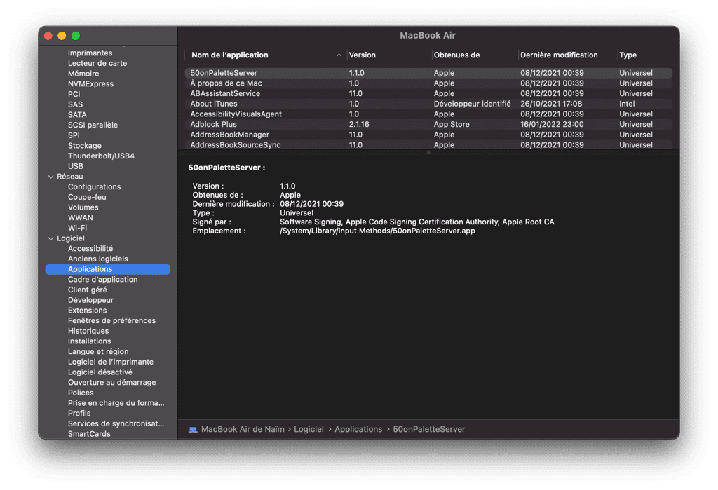 La fenêtre du rapport système des préférences, à partir du menu pomme À propos de ce Mac. © Apple