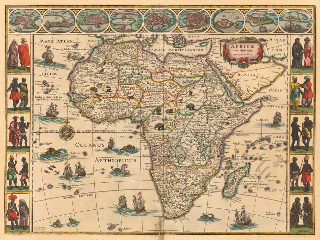 Carte de l'Afrique dessinée par Willem Blaeu, édition colorisée de 1644. Exemplaire de 1638 à la Bibliothèque nationale de France. © Wikimedia Commons, domaine public