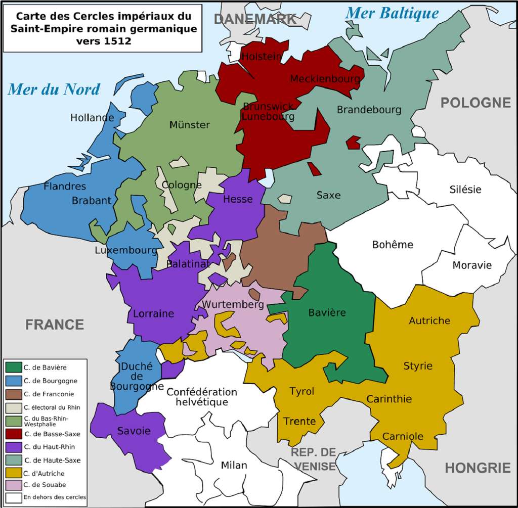 Carte des cercles impériaux (ou regroupements d'États) du Saint Empire romain germanique vers 1512. Auteur : Tinodela, 2008. © Wikimedia Commons, domaine public