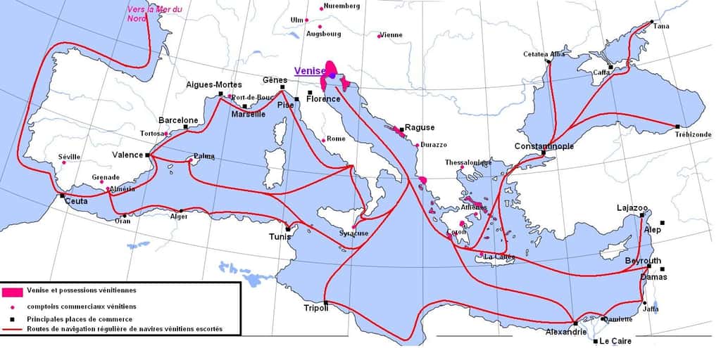 Carte des relations commerciales de Venise au Moyen Âge. Auteur Aliesin, 2005. © Wikimedia Commons, domaine public