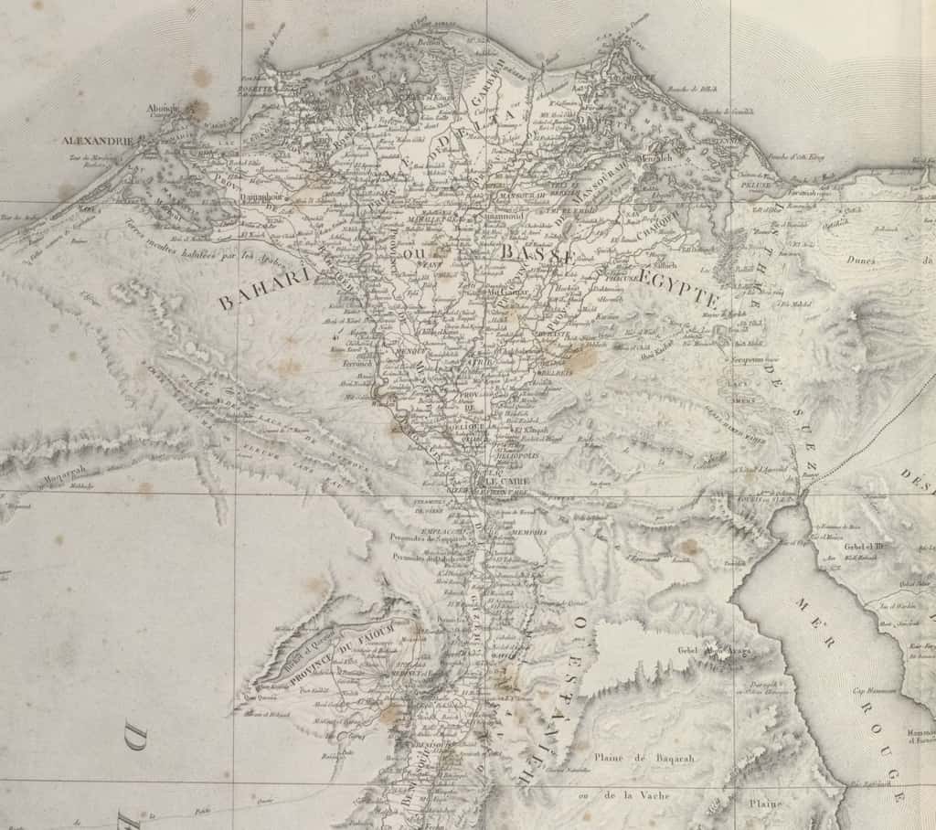 Carte topographique de Basse Egypte (agrandissement), dans <em>Description de l'Egypte, </em>Géographie feuille 2, parue en 1809. The New York Public Library Digital Collections. © Wikimedia Commons, domaine public.