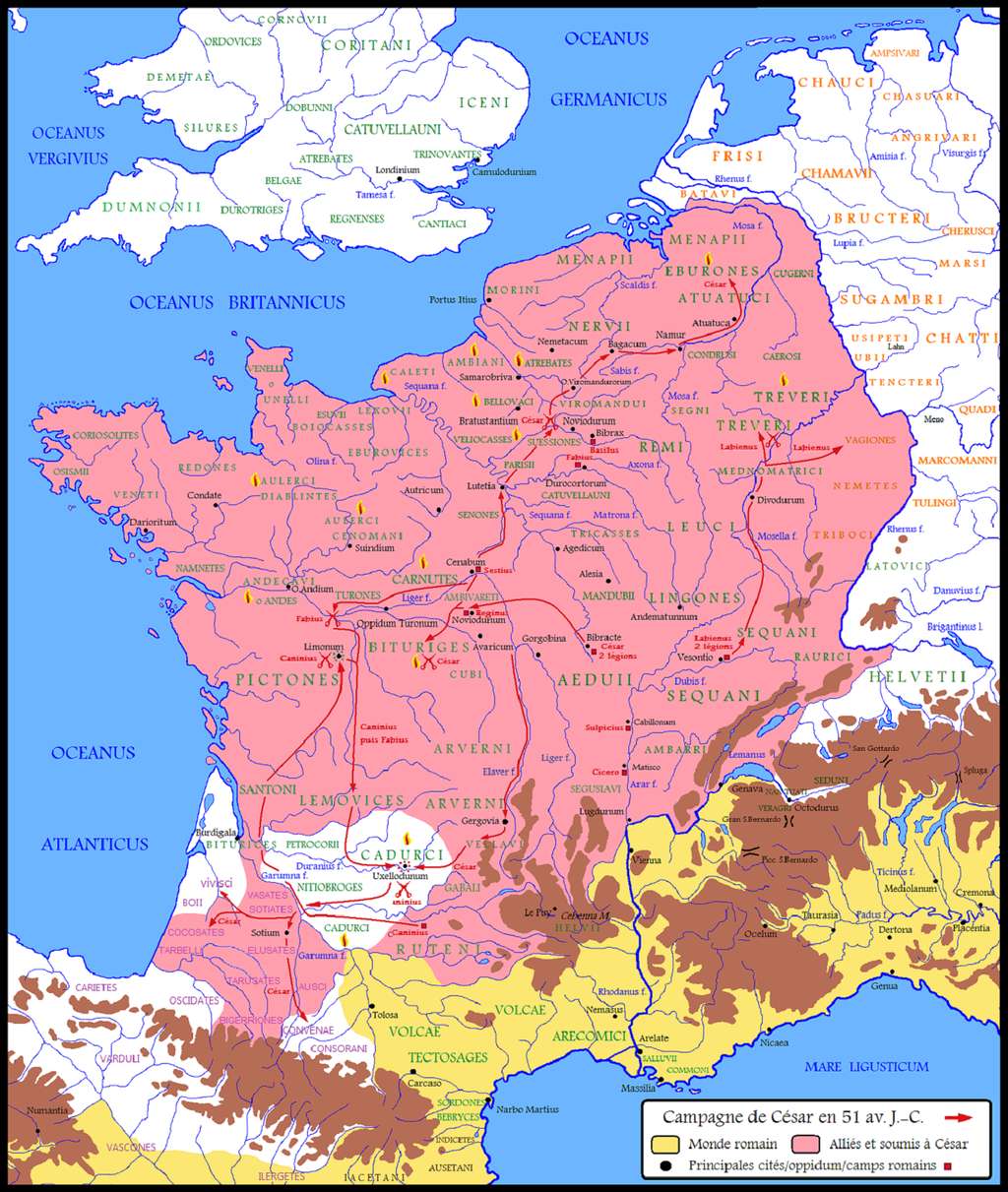 Carte de la Gaule soumise à Jules César en 51 avant J.C. (en rose). Auteur : Cristiano 64, 2007-2008. © Wikimedia Commons, domaine public.