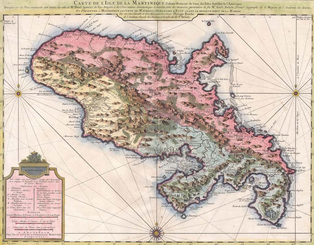 Carte de la Martinique par Philippe Buache en 1742. « <em>Carte de l'Isle de la Martinique, colonie francoise de l'une des Isles Antilles de l'Amérique... </em>» ; <em>geographic rare antique maps</em>. © Wikimedia Commons, domaine public