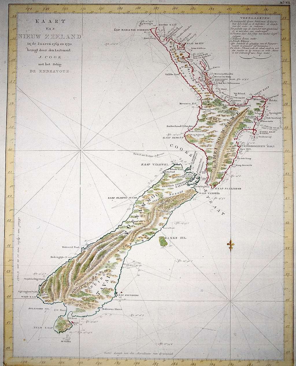 Carte de la Nouvelle Zélande par James Cook, 1769-1770. © Mary Evans, Rue des Archives.