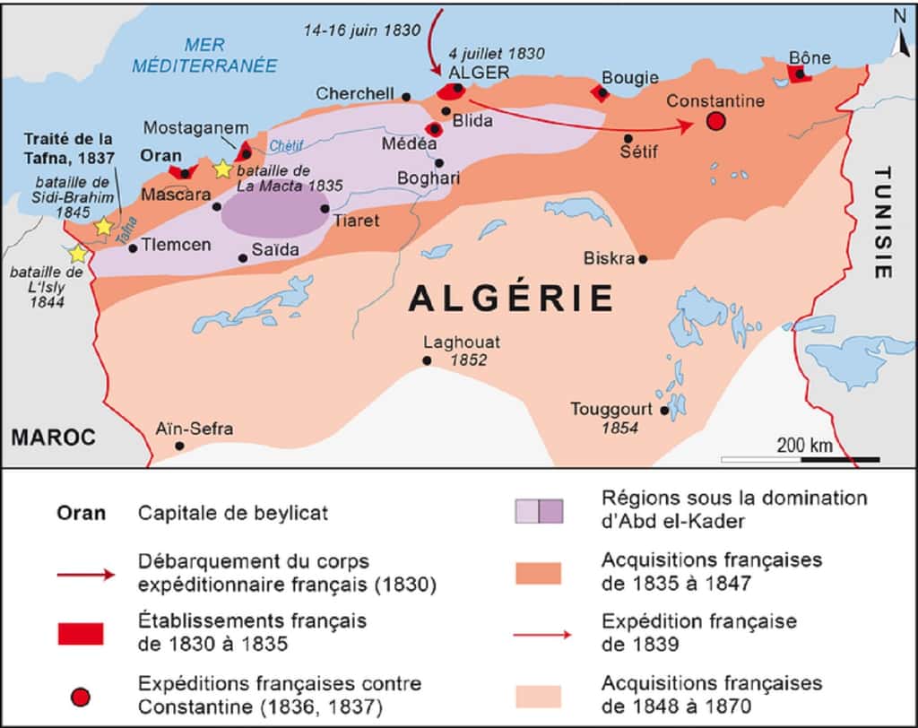 Carte de la conquête de l'Algérie entre 1830 et 1870. © Blogisek-histoire. 