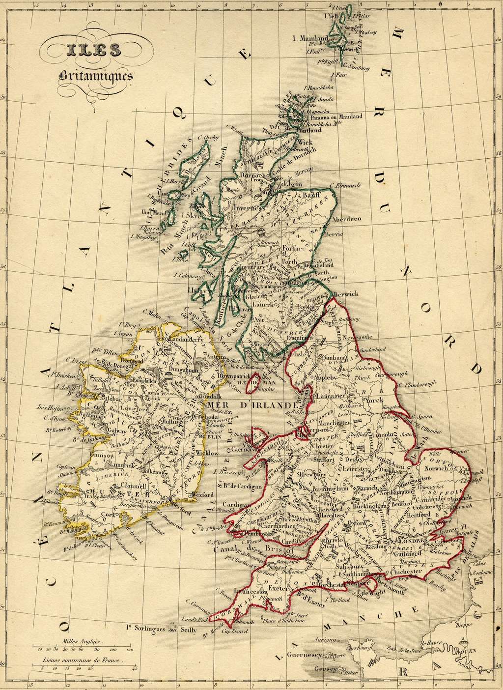 Carte des Iles Britanniques en 1843, par le géographe Alexandre Vuillemin, dans son "<em>Atlas universel de géographie ancienne et moderne...</em>". © Wikimedia Commons, domaine public.
