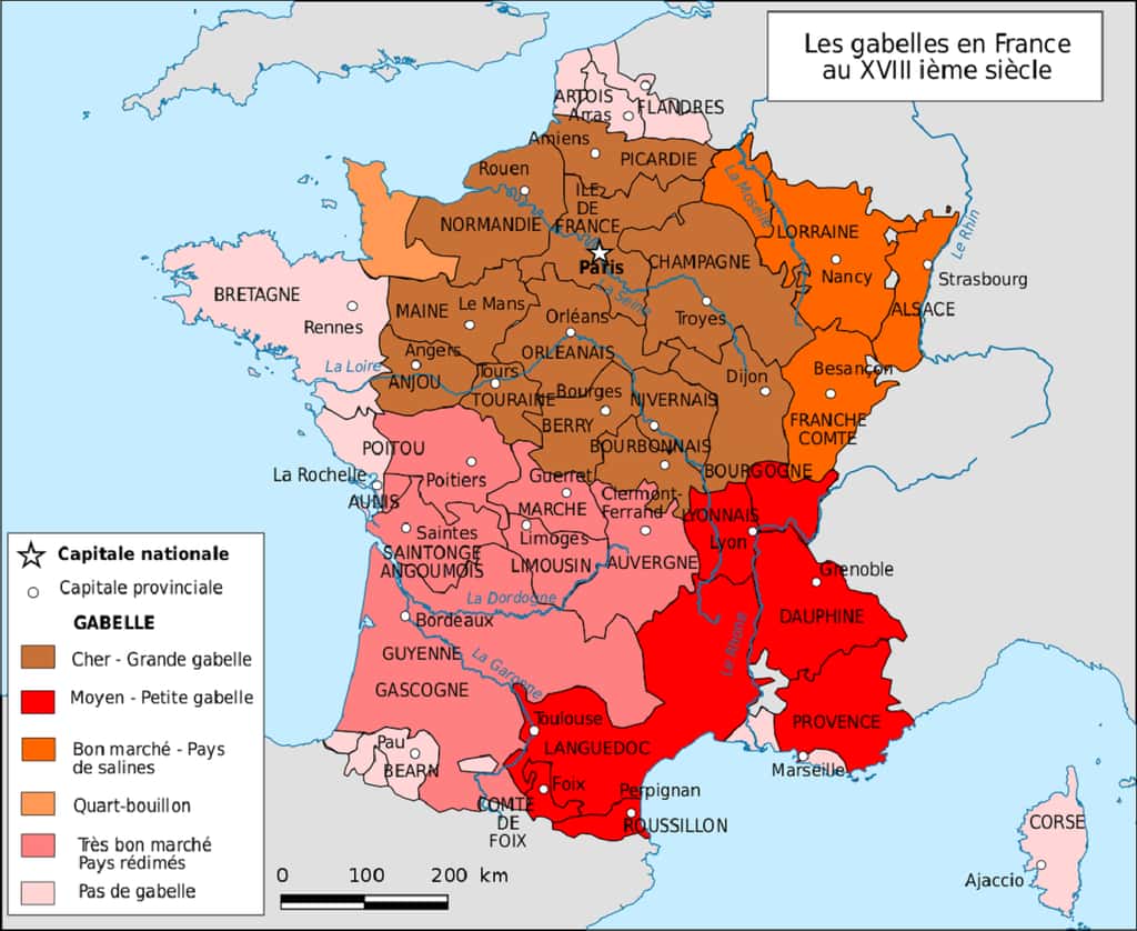 Carte simplifiée des gabelles en France au XVIII<sup>e</sup> siècle. Auteur Boldair. © <em>Wikimedia Commons</em>, domaine public 